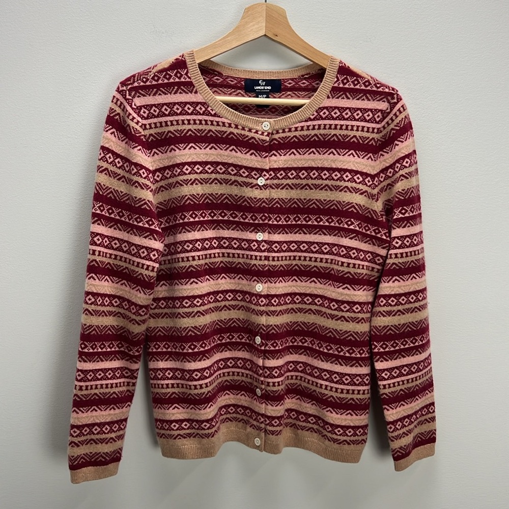 Lands' End Red and Tan Patterned Button-Up Cardigan Sweater